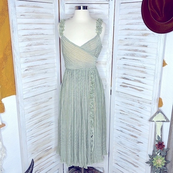 𝅺Anthropologie FOXIEDOX Light Green Black Polka Dot A Line Dress Small - Picture 7 of 7